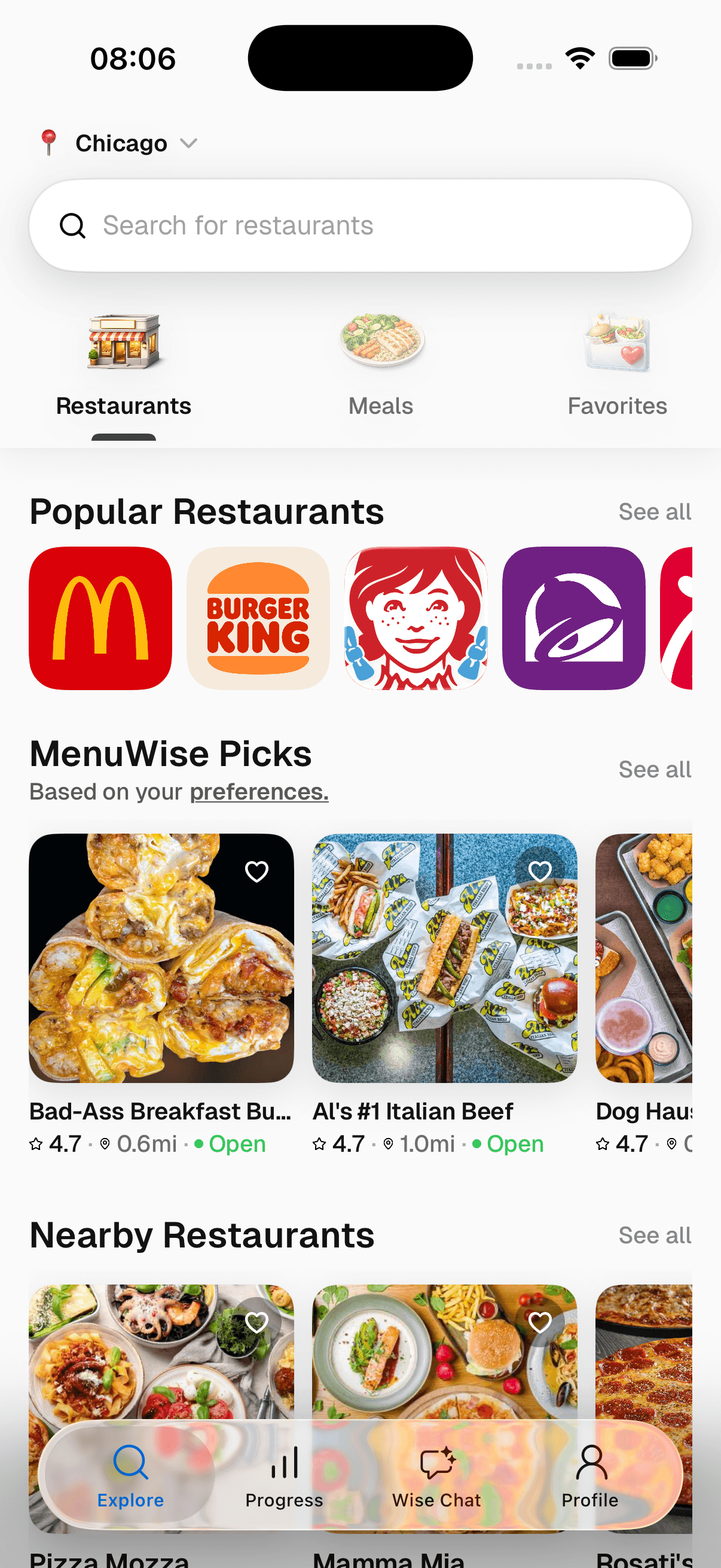 Forkiee iPhone app explore screen showing nearby restaurants and major chains ranked for your diet