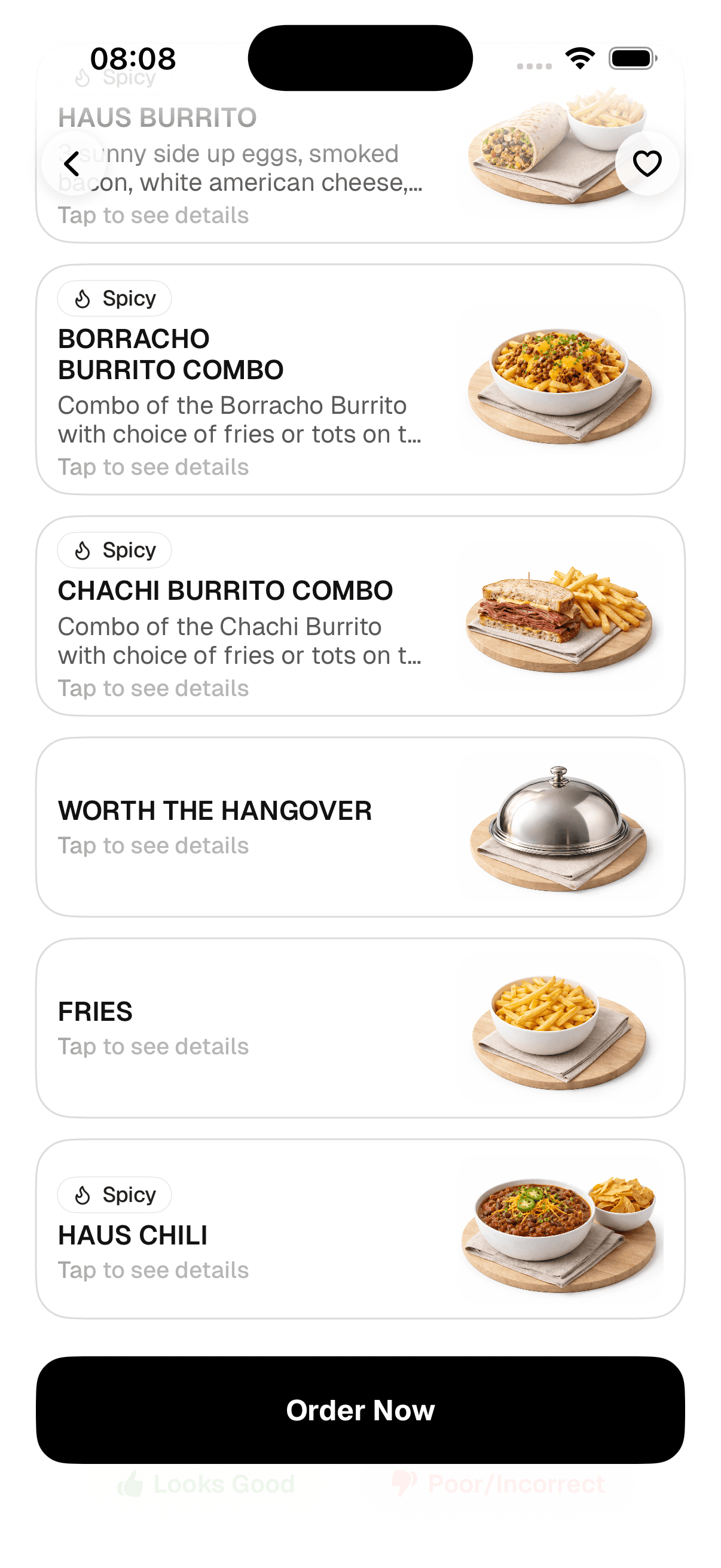 Forkiee iPhone app menu screen scoring each dish against your goals and diet