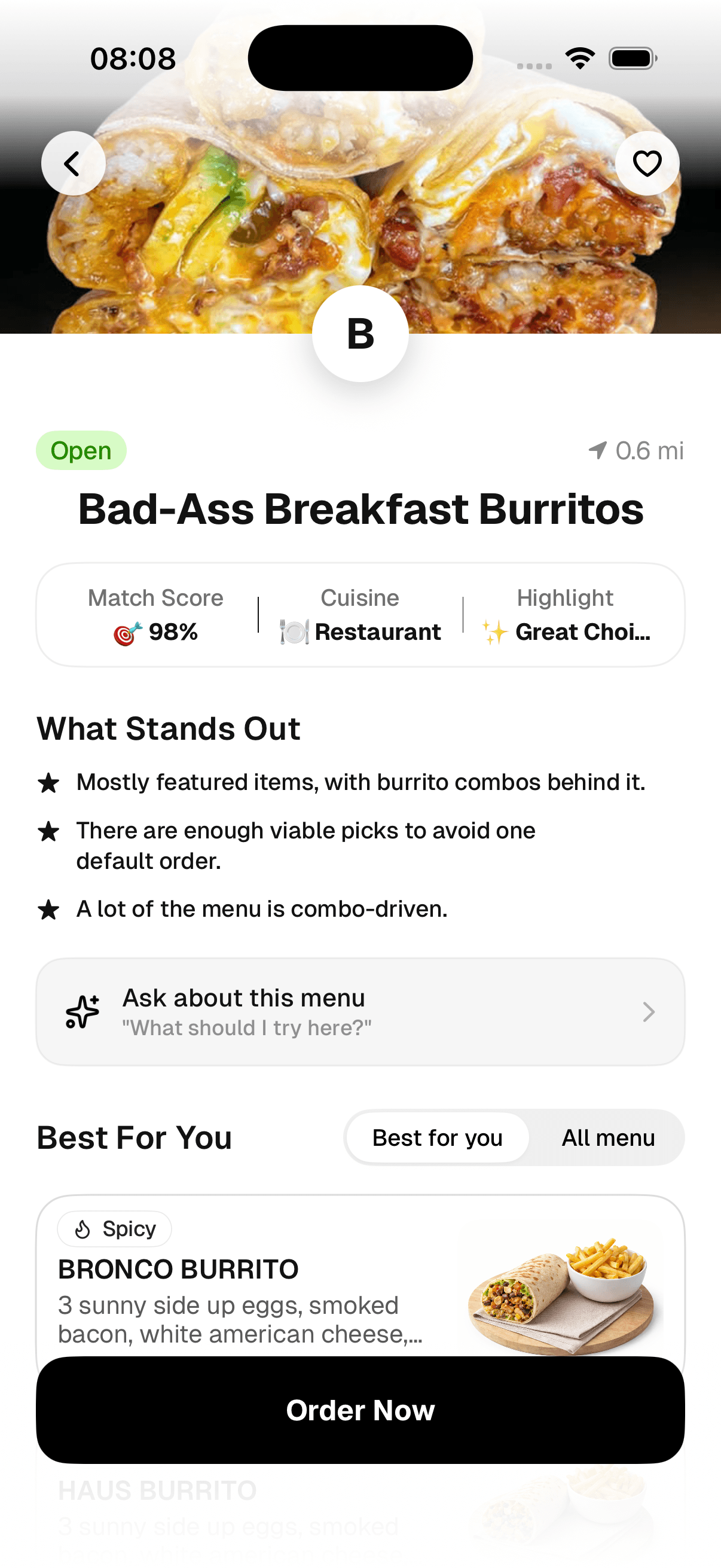 Forkiee iPhone app restaurant screen showing a 98% match score and what stands out on the menu